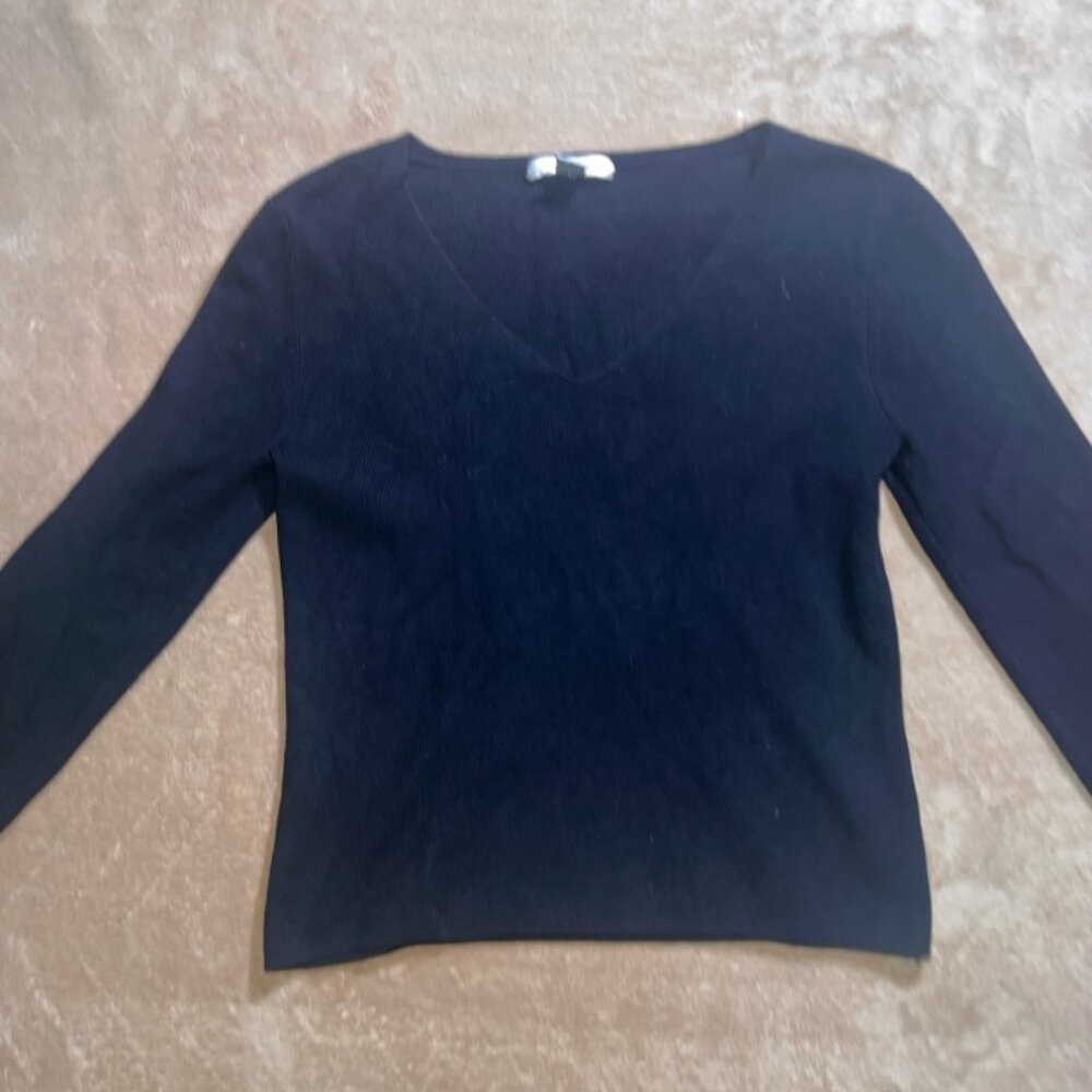 WD.NY Women Medium Black Long Sleeve V‎ Neck Pullover Silk Blend Blouse